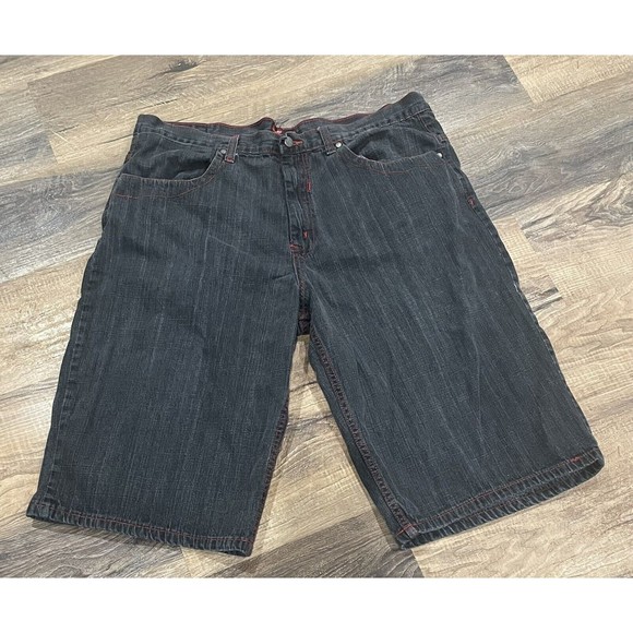Project‎ Mayhem Denim Shorts Size 40/15 - Black Wash Red Stitching  Y2K - Picture 1 of 6